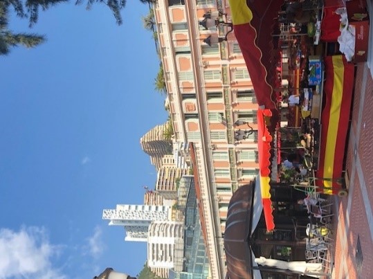 （モナコの台所、コンダミーヌ市場。屋外のプラザにはフランスやイタリアの八百屋さんたちが瑞々しい季節の果物や野菜をスタンドに並べています。）