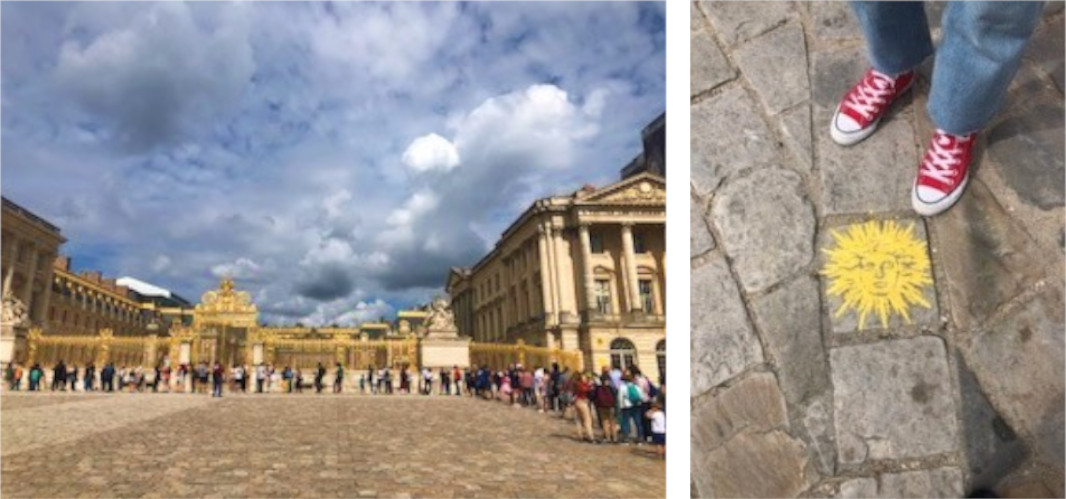 （左／ヴェルサイユ宮殿前の観光客の列。以前見られた長蛇の列とは比にもなりません。右／列に並ぶ時の対人距離の目安となるようにペンキで塗られた印。お洒落にも王宮の柵に見られる太陽顔のモチーフでした。）