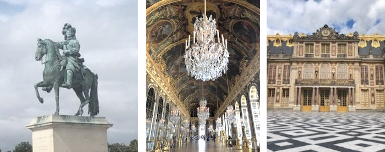 （左／宮殿前のルイ14世像。中央／きらびやかであまりにも有名な鏡の間。右／中庭から見た華やかな宮殿の外観。再開直後、久々に訪れたヴェルサイユ宮殿でフランスが世界に誇るこの世界文化遺産を目の当たりにして、私たちを癒し励ましてくれる文化芸術の重要さを再確認しました。）