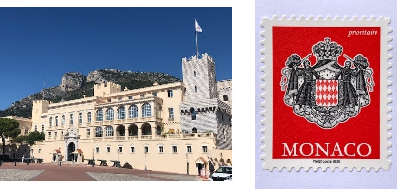（左/もともとの要塞があったモナコ岩にグリマルディ家の本拠地となる宮殿が建てられました。塔の上にのぼる旗は大公ご在国の印。右/モナコの国章でもあるグリマルディ家の紋章の切手。盾の両脇に修道士姿で剣を振りかざしている英雄たちがモチーフとなっています。）