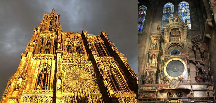 （左／夜のストラスブール大聖堂。1176年から数世紀かけて建設されたこの石造りのカテドラル（大聖堂）は見事142メートルの高さです。巨大であるのに全く重みを感じさせないレースのような繊細な美しさに見とれてしまいました。右／大聖堂内にある天文時計も有名です。ルネサンス時代の傑作で19世紀半ばに現在の内部機構が一新されました。様々な人形たちのカラクリも素晴らしいですが、精密さをもって天文データまでも計算してしまう驚異の時計です。）
